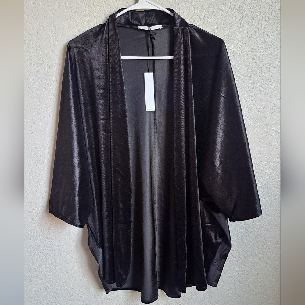 NWT Three Eighty Two Black Velvet Kimono 3/4 Length Dolman Sleeve Size Large